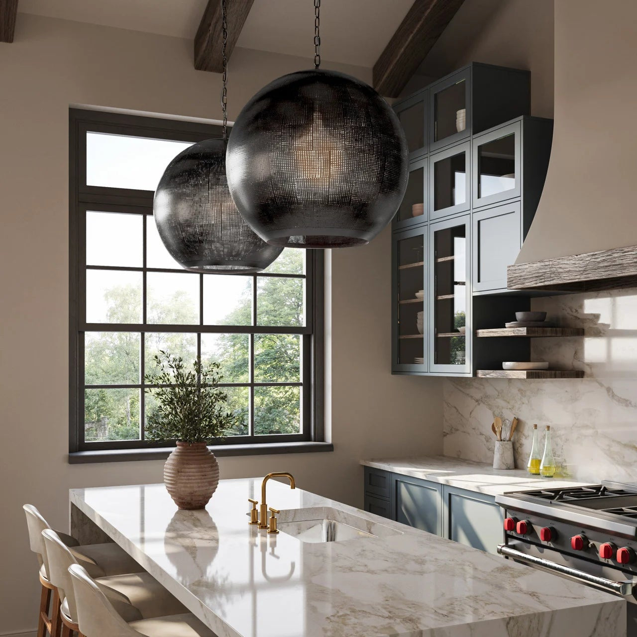 Modern kitchen with marble island, pendant lights, and large window