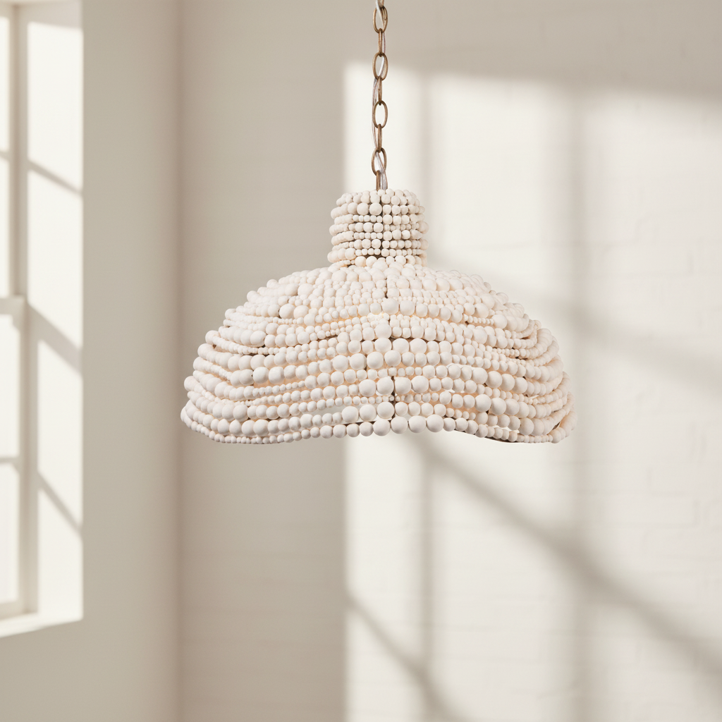 White beaded pendant light hanging against a neutral wall with sunlight casting shadows.