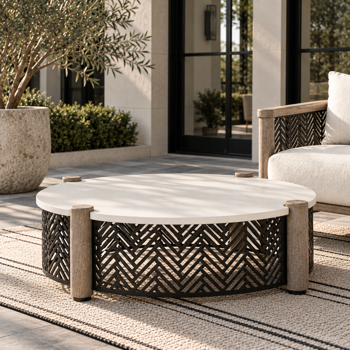 Round outdoor coffee table with a white top, weathered wood posts, and a black geometric chevron lattice base.