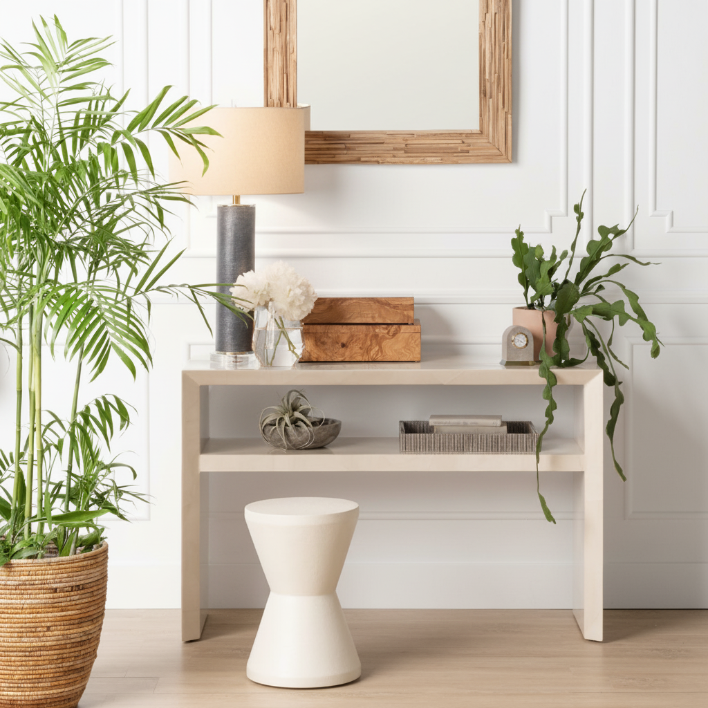 Modern interior with a light-colored side table, white stool, and decorative items.