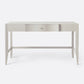 Light gray desk with a single drawer on a white background