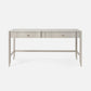 Light gray console table with drawers on a white background
