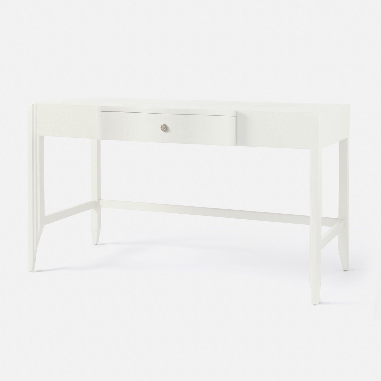 White desk with a single drawer on a white background