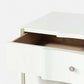 White desk with an open drawer revealing a wooden interior on a white background