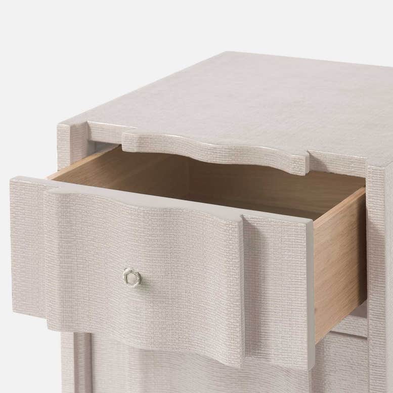 Close-up of a light gray textured drawer unit with an open drawer.