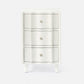 White dresser with black trim and silver knobs on a white background