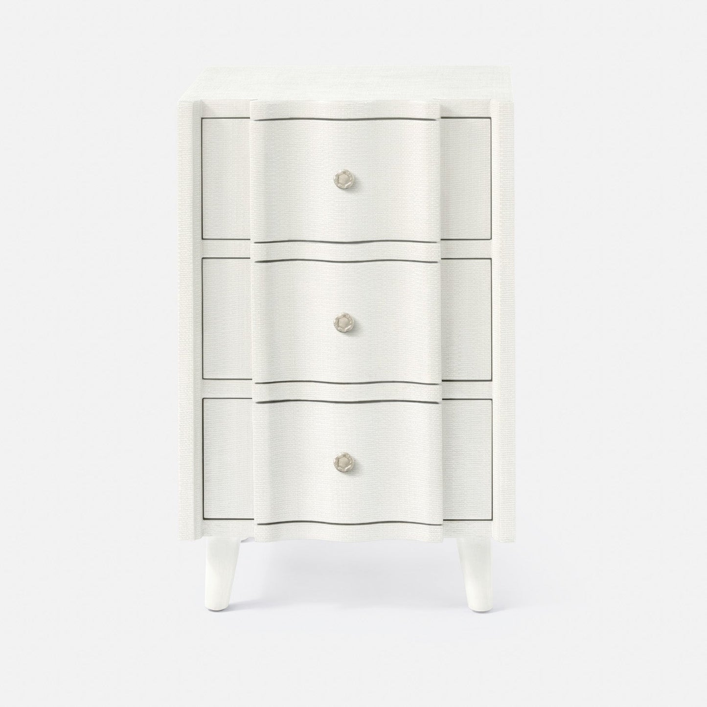 White dresser with black trim and silver knobs on a white background