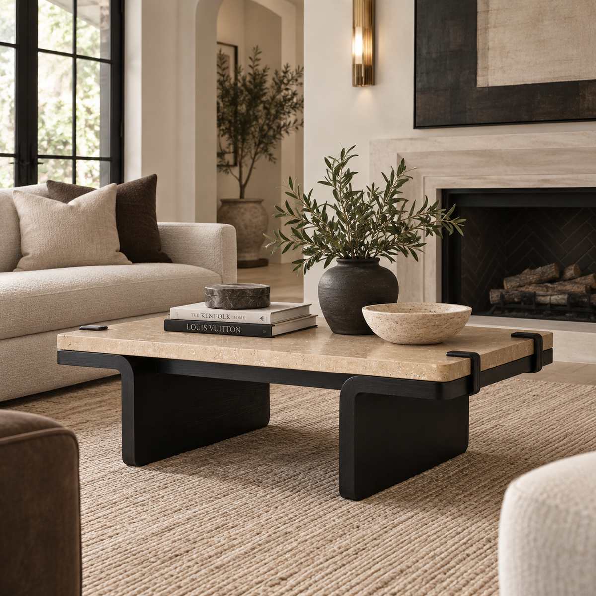 A modern low coffee table with a light natural travertine top and a black metal frame and legs, shown in a neutral livingroom