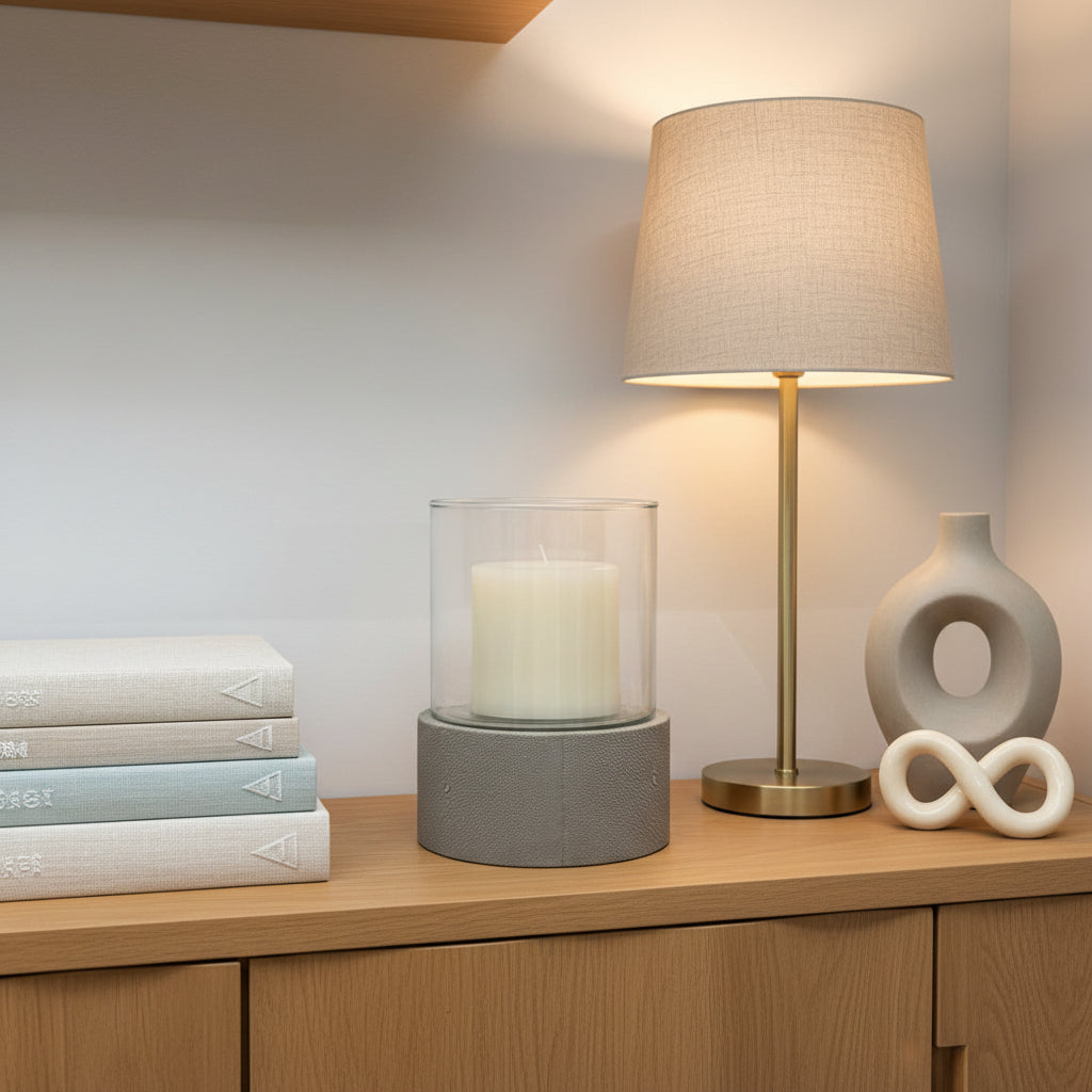 Girona Sand Shagreen Hurricane on a console table next to a lamp and books