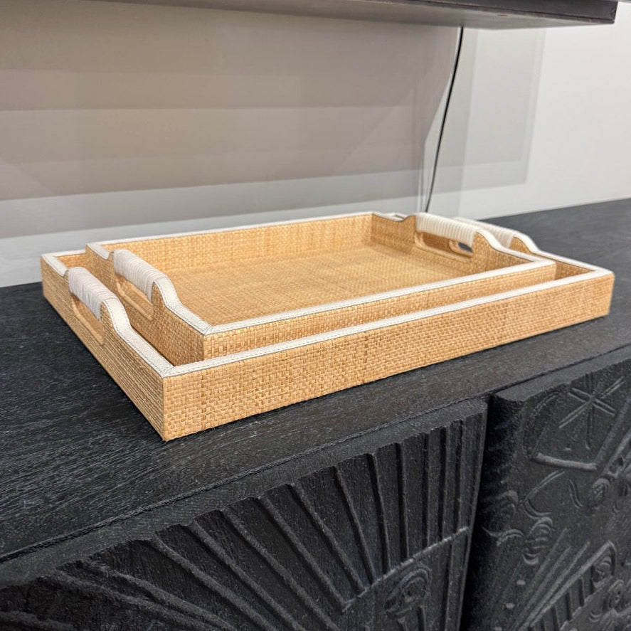 Hammet Tray Set White Leather and Raffia