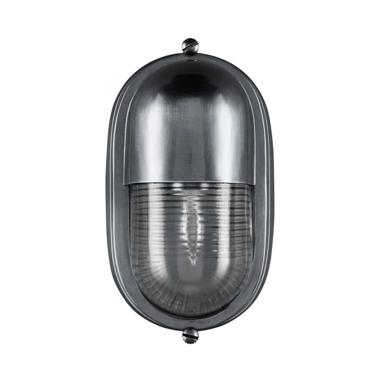 Metallic outdoor wall light fixture on a white background