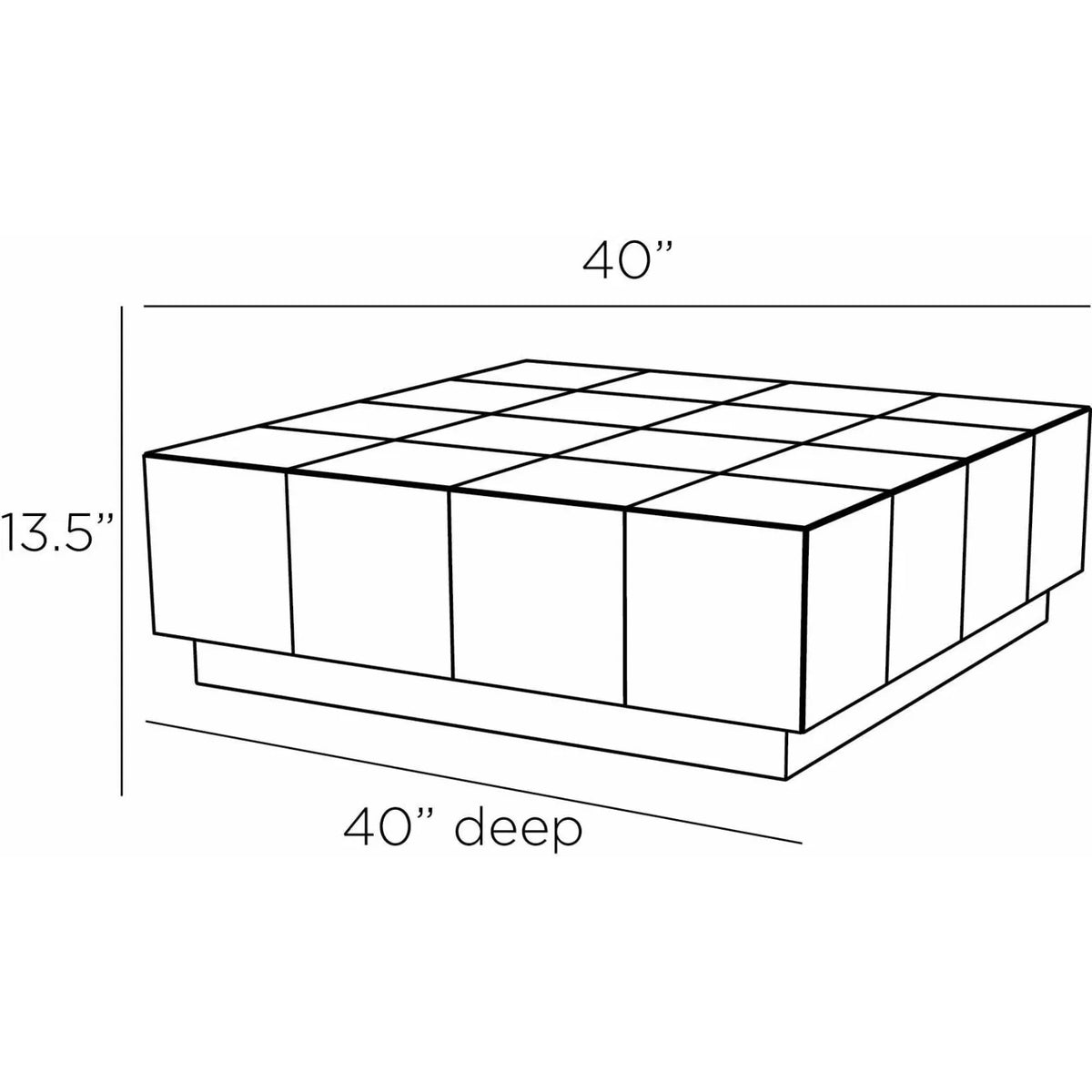 Black and white line drawing of a rectangular bench or ottoman with dimension labels showing 40 inches wide, 40 inches deep, and 13.5 inches high.