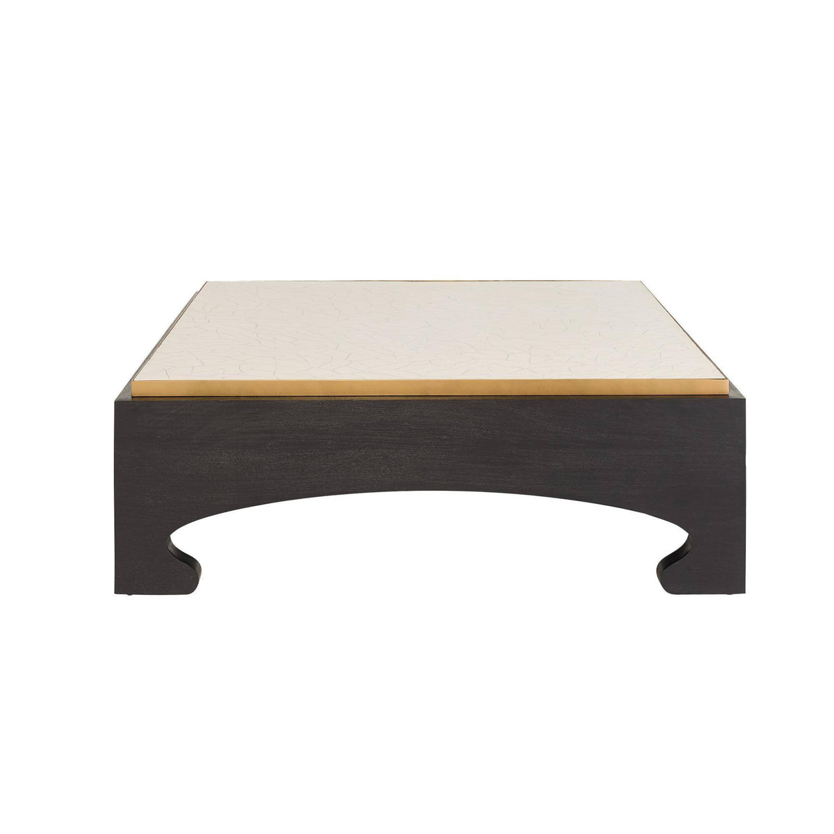 Square coffee table with black base and beige top on a white background