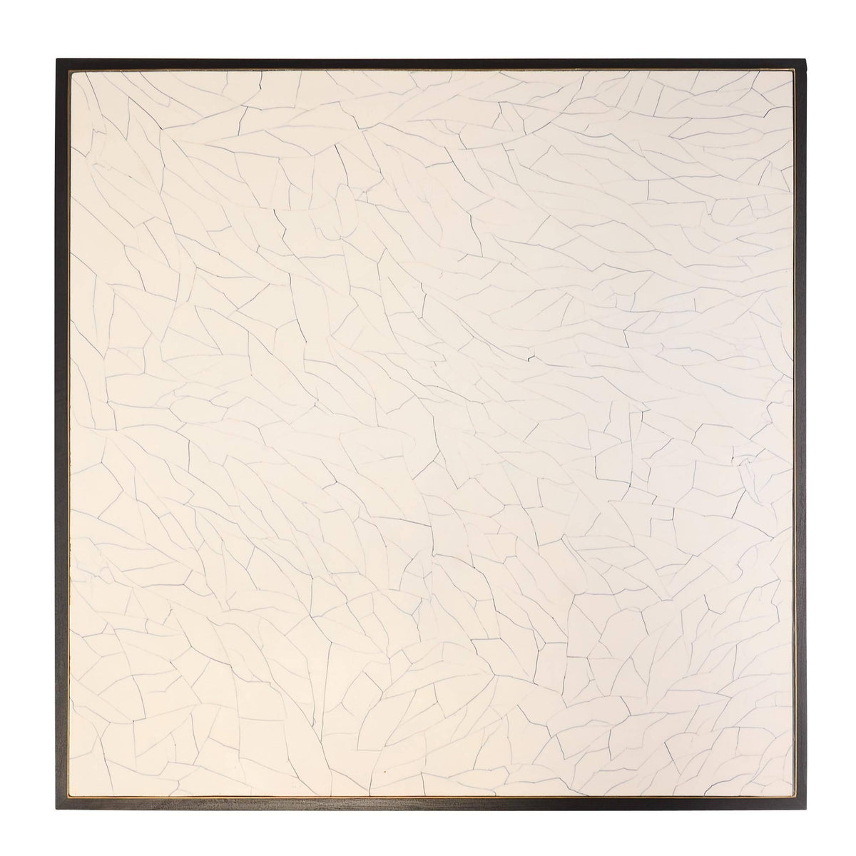 A square framed abstract art print featuring a cream-colored background with a fine, web-like pattern of thin blue lines, enclosed in a thin black frame.
