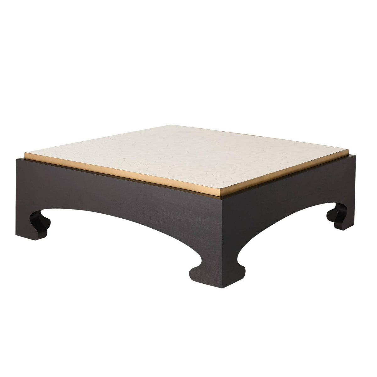 Square coffee table with black base and beige top on a white background