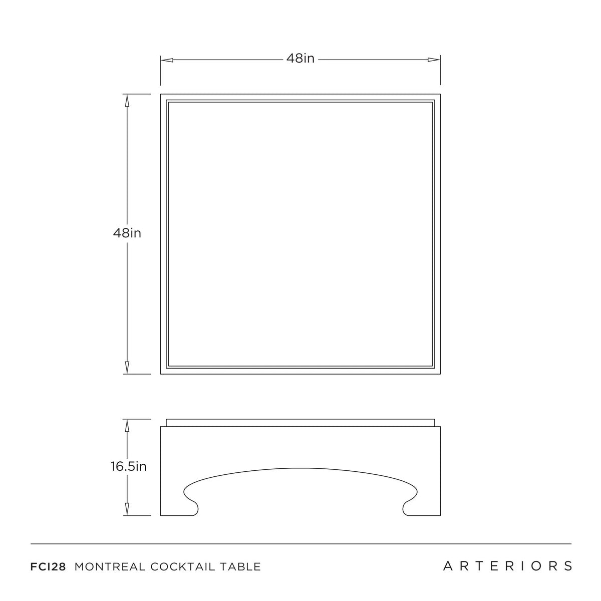 Technical dimension drawing of a Montreal cocktail table showing top-down and side-profile views with measurements labeled 48 in by 16.5 in on a white background.