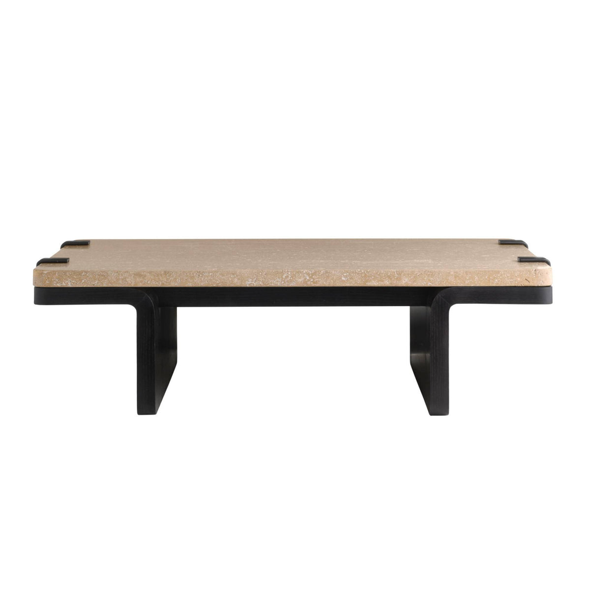 A modern low coffee table with a light natural travertine top and a black metal frame and legs, shown on a plain white background.