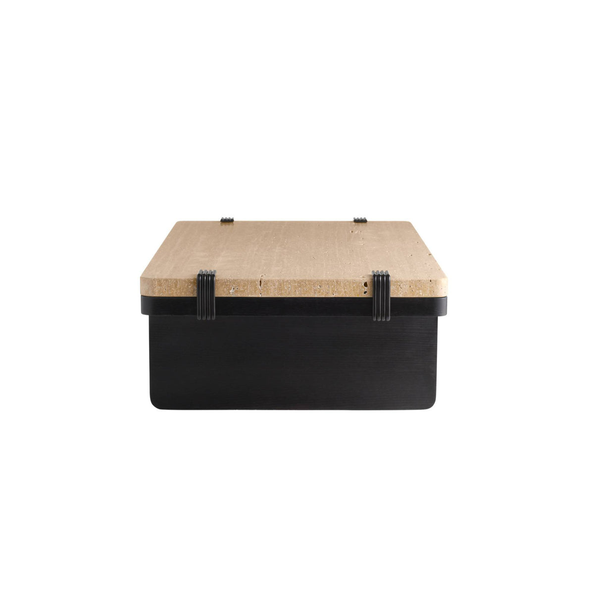A modern low coffee table with a light natural travertine top and a black metal frame and legs, shown on a plain white background.