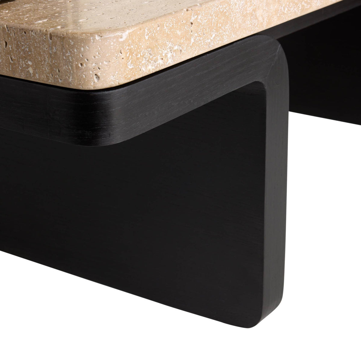 A modern low coffee table with a light natural travertine top and a black metal frame and legs, shown on a plain white background.