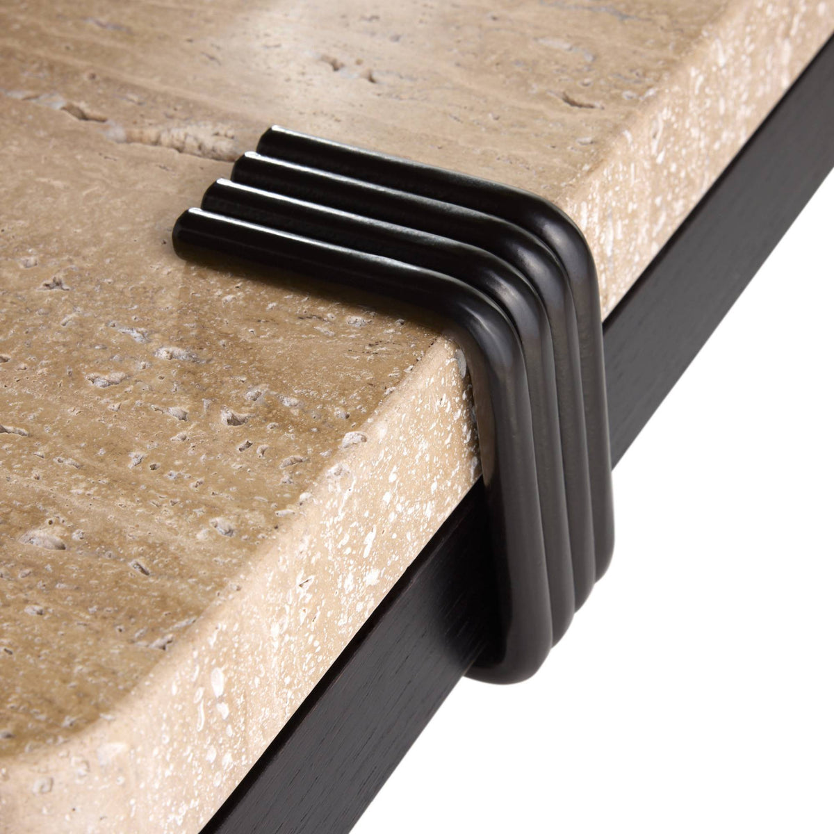 A modern low coffee table with a light natural travertine top and a black metal frame and legs, shown on a plain white background.