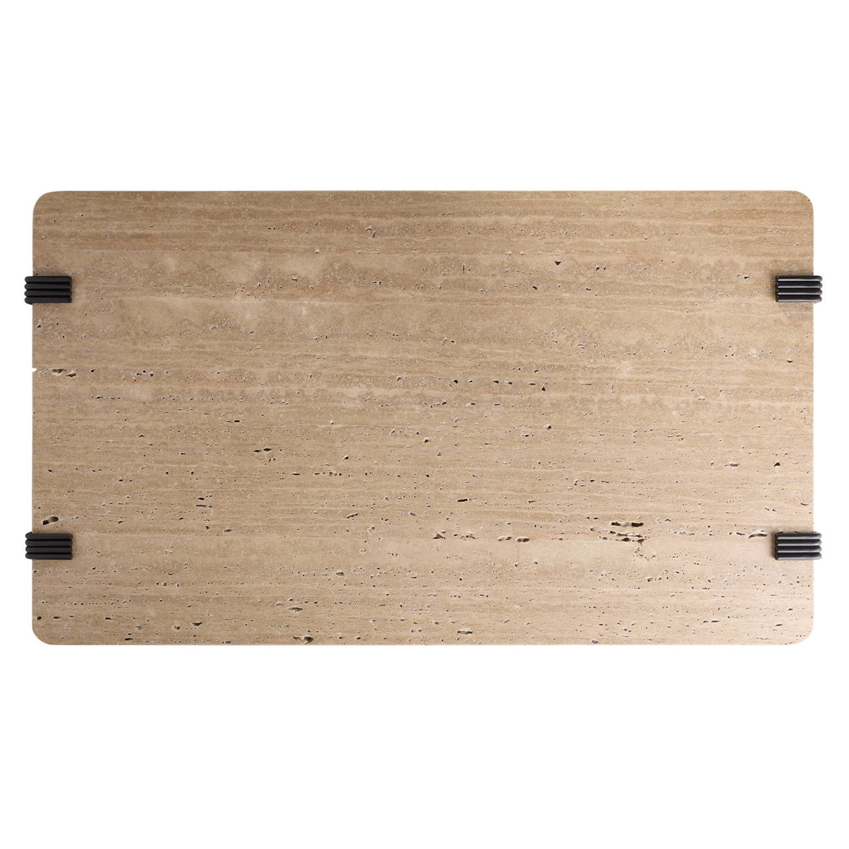 A modern low coffee table with a light natural travertine top and a black metal frame and legs, shown on a plain white background.