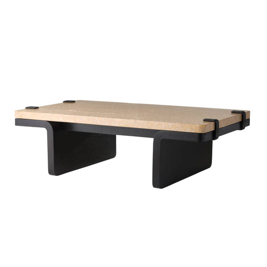 A modern low coffee table with a light natural travertine top and a black metal frame and legs, shown on a plain white background.