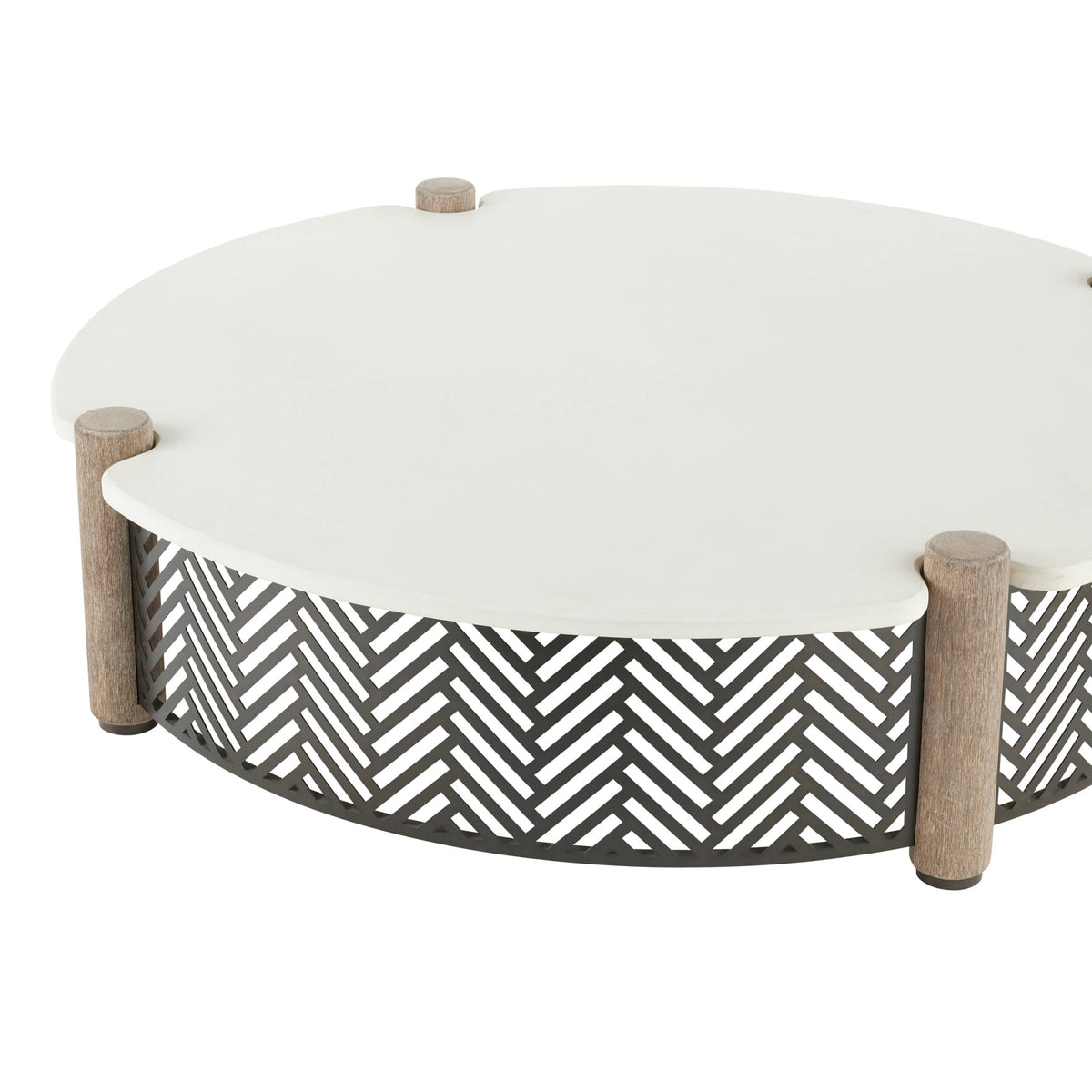 Round outdoor coffee table with a white top, weathered wood posts, and a black geometric chevron lattice base.