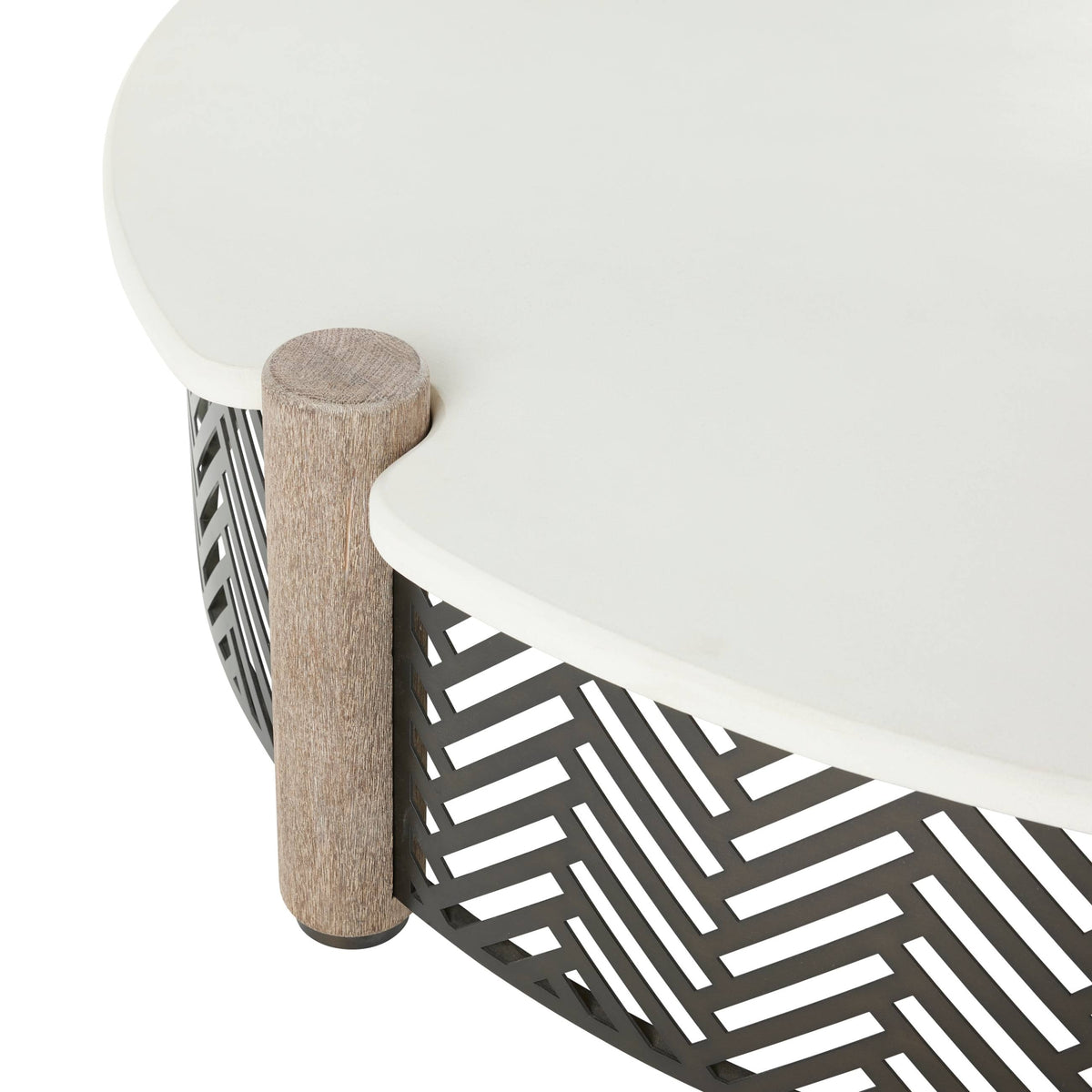 Round outdoor coffee table with a white top, weathered wood posts, and a black geometric chevron lattice base.