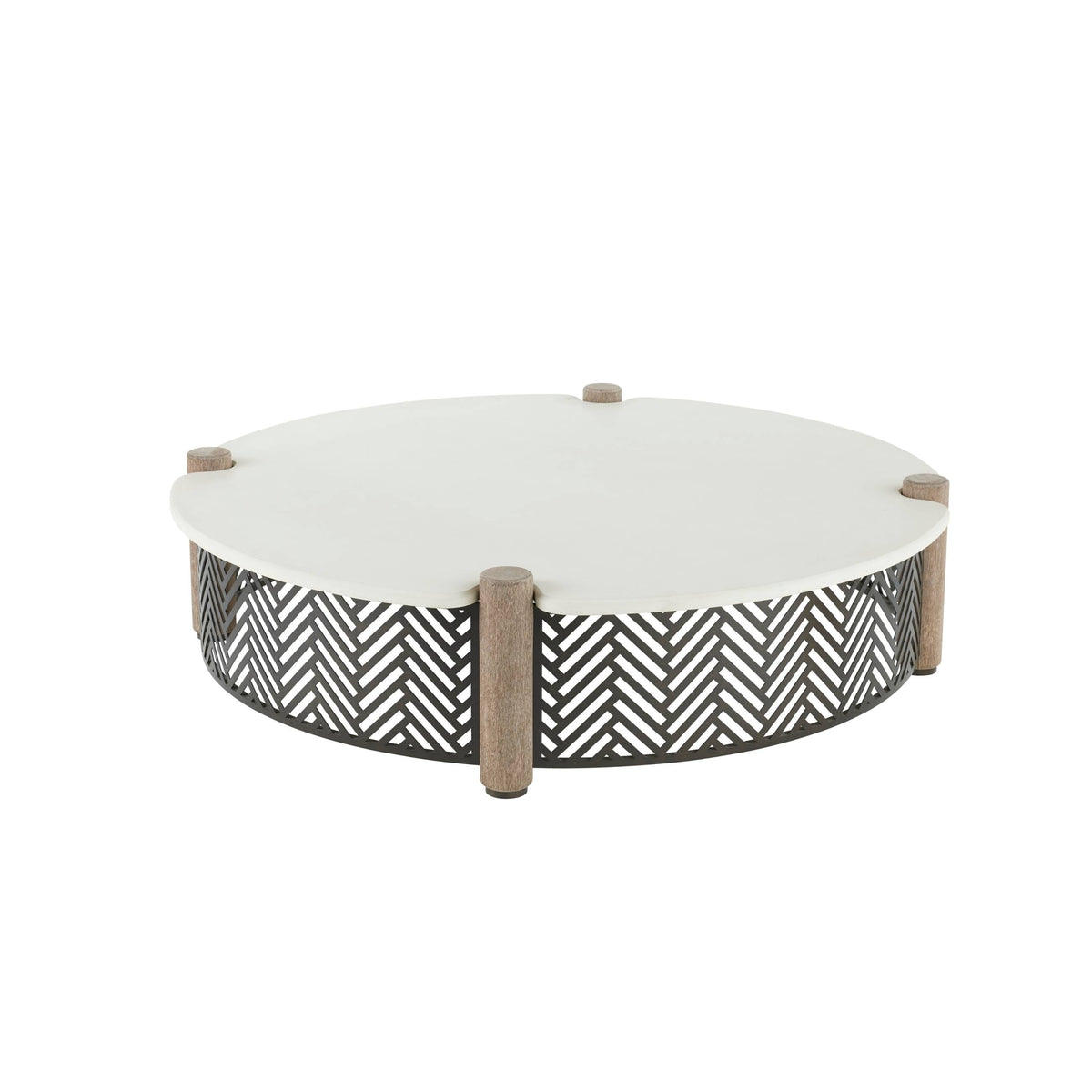 Round outdoor coffee table with a white top, weathered wood posts, and a black geometric chevron lattice base.