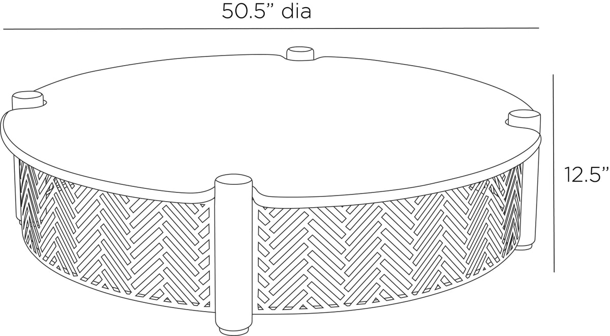 Round outdoor coffee table with a white top, weathered wood posts, and a black geometric chevron lattice base.