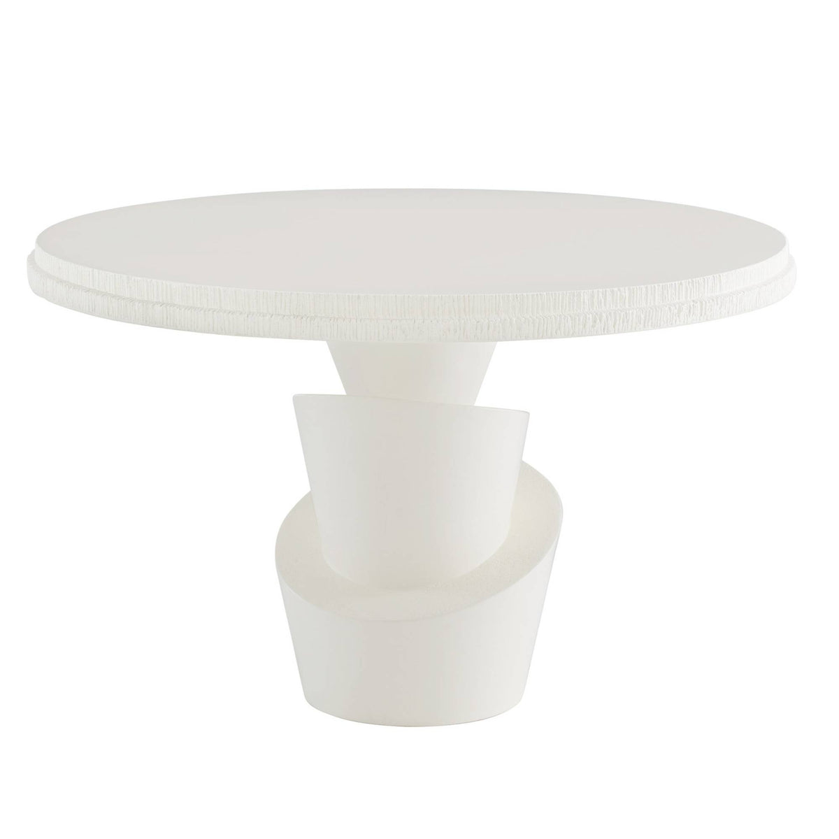 White round table with a unique base design on a white background