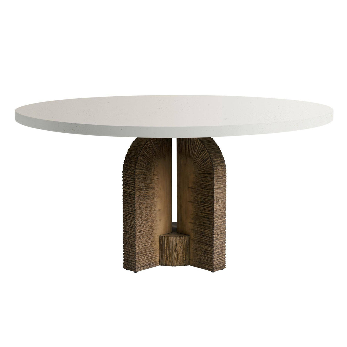 Round outdoor dining table with a white stone top and sculptural textured brown pedestal base.