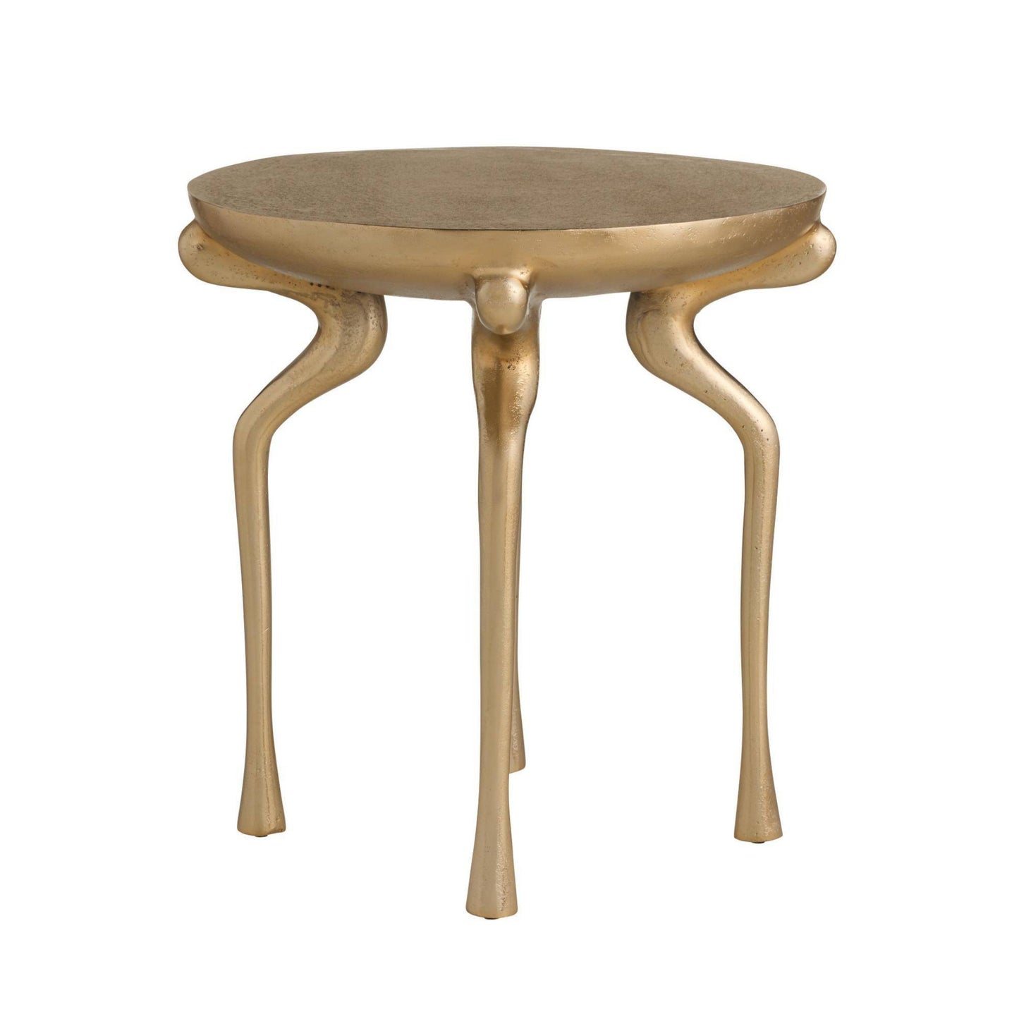 Gold side table with elegant legs on a white background