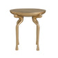 Gold side table with unique leg design on a white background