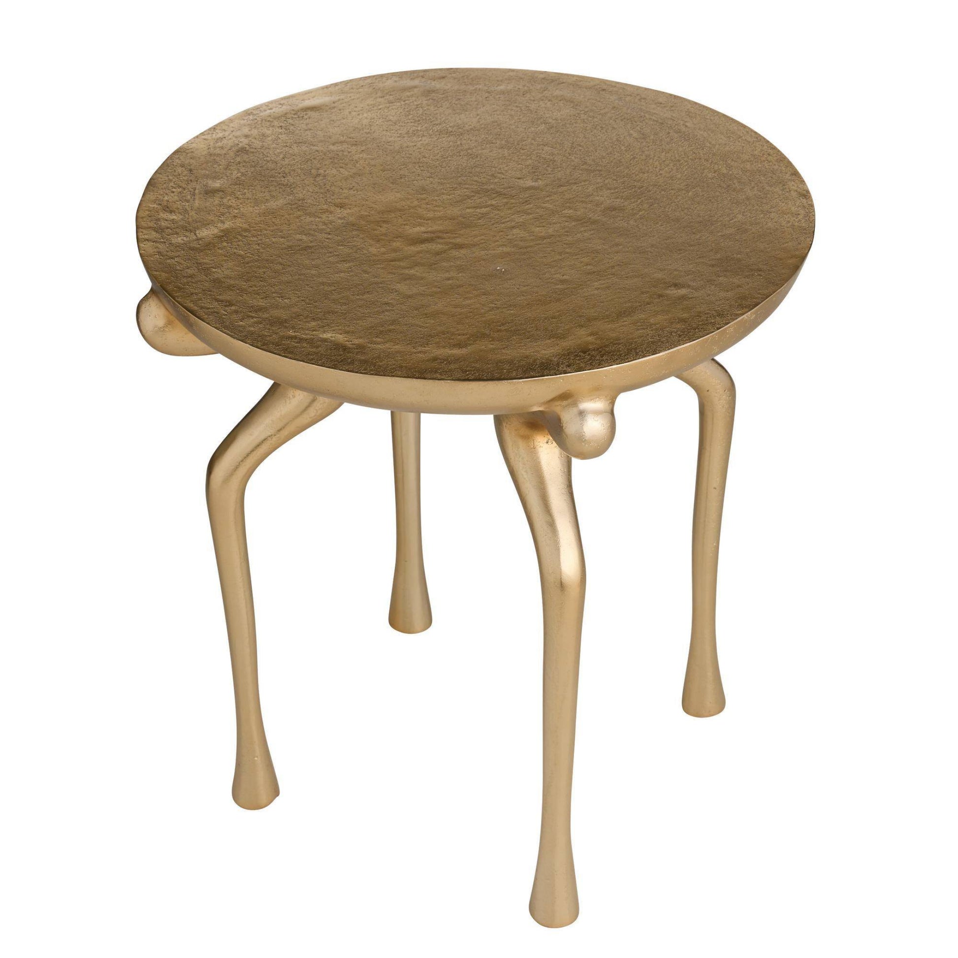 Round table with gold legs and wooden top on a white background