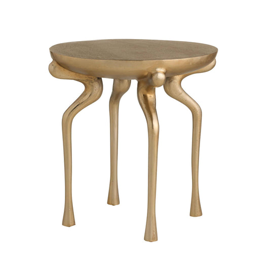 Gold side table with unique legs on a white background