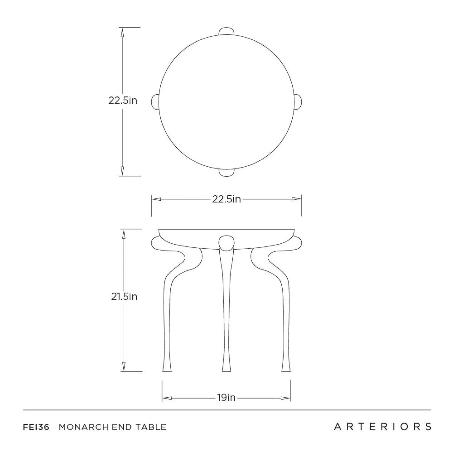 Technical drawing of a Monarch end table with dimensions labeled, featuring the brand 'Arteriors'.