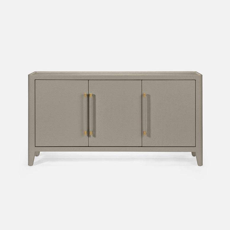 Gray sideboard with gold handles on a white background