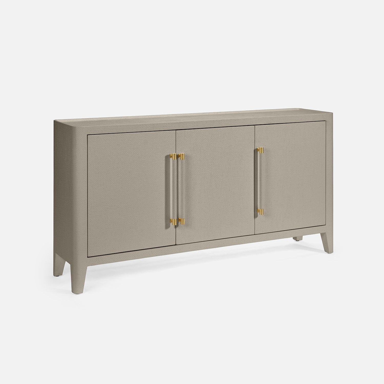 Gray sideboard with gold handles on a white background