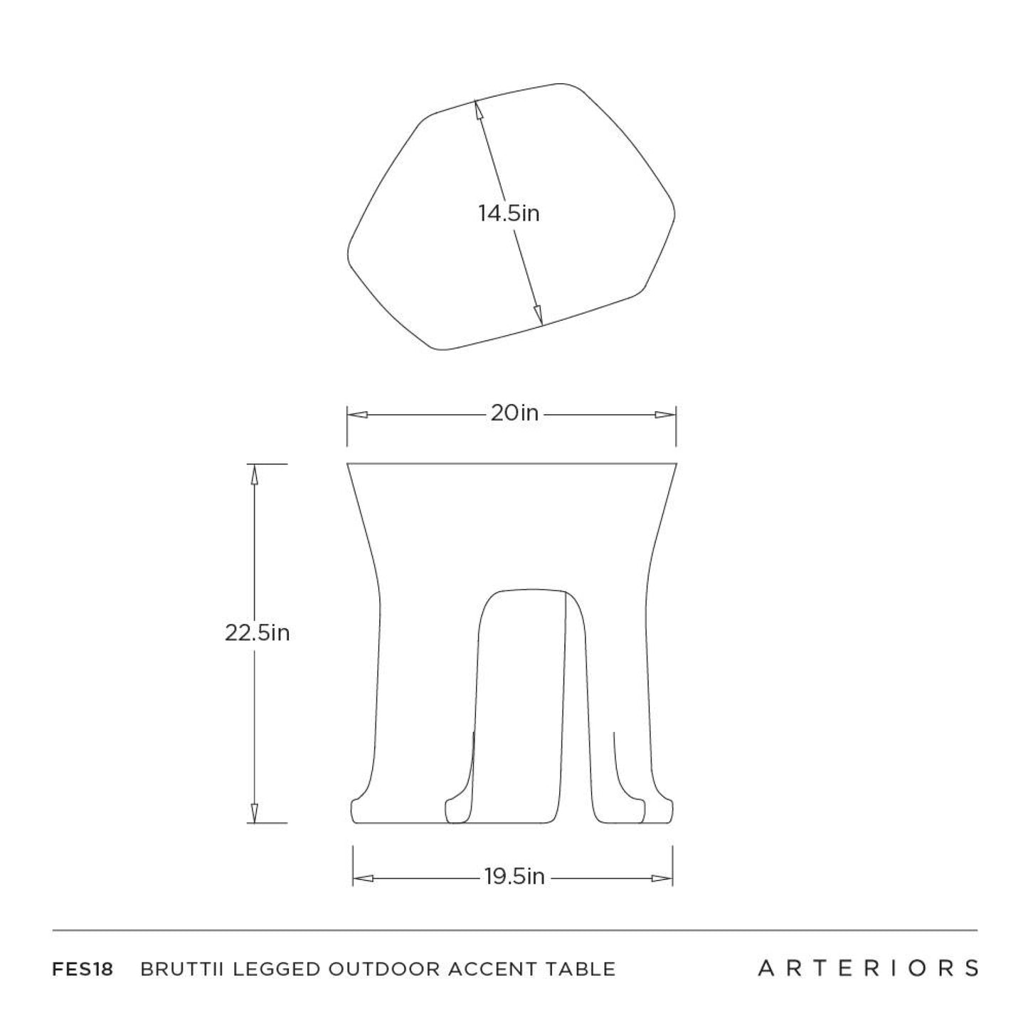 Dimensions of a Brutti Legged Outdoor Accent Table by Arteriors on a white background