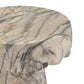 Round marble table with a gray and beige marbled pattern on a white background
