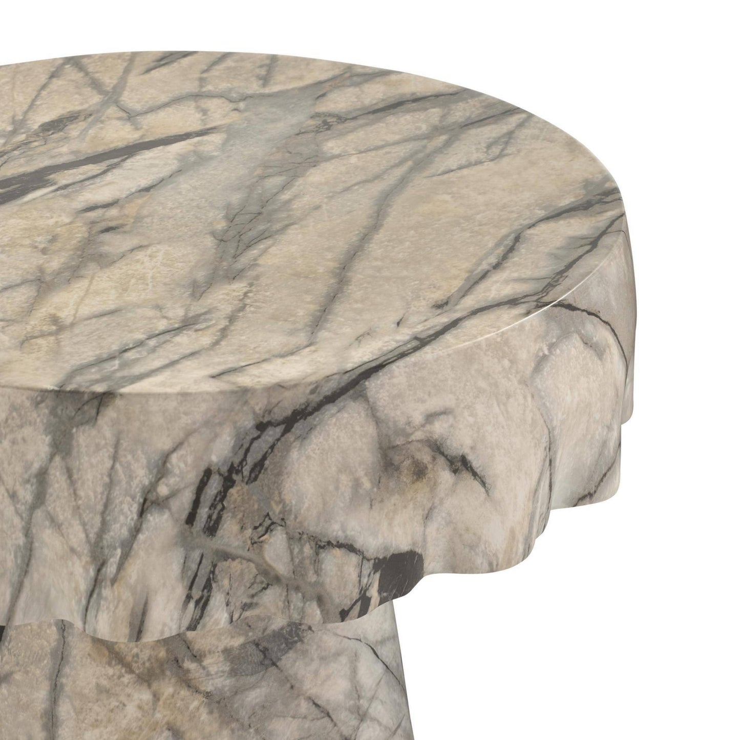 Round marble table with a gray and beige marbled pattern on a white background