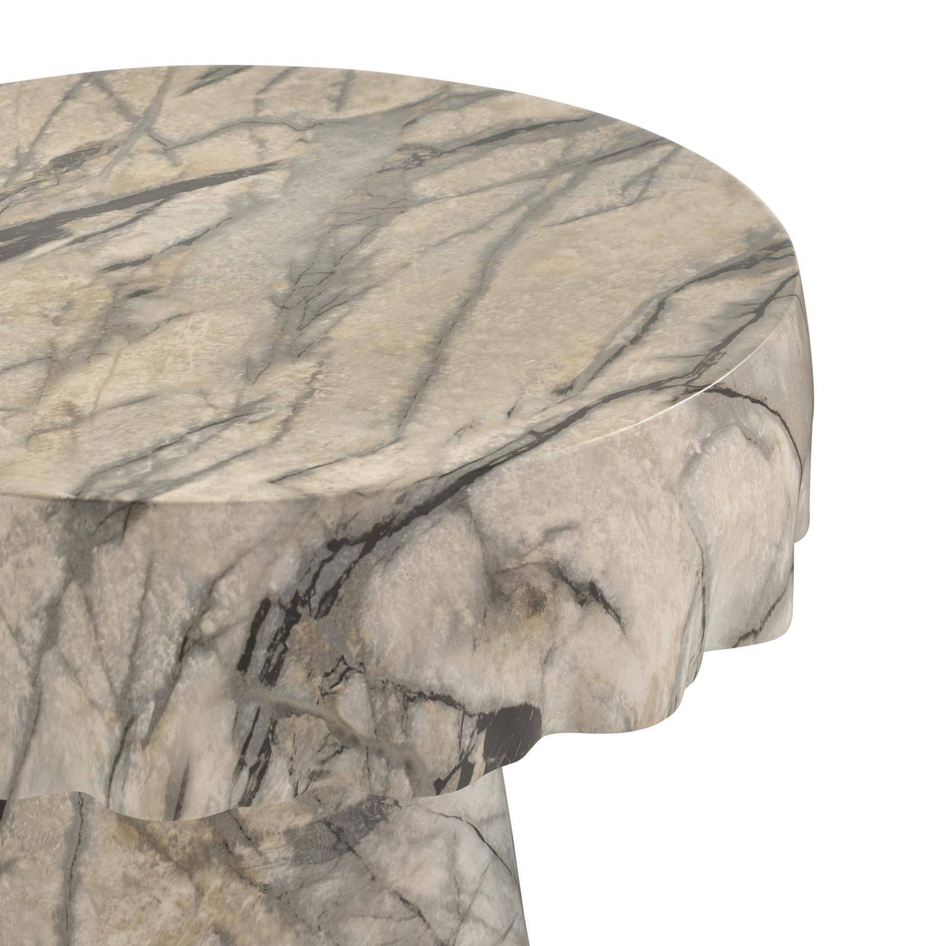 Round marble table with a gray and beige marbled pattern on a white background