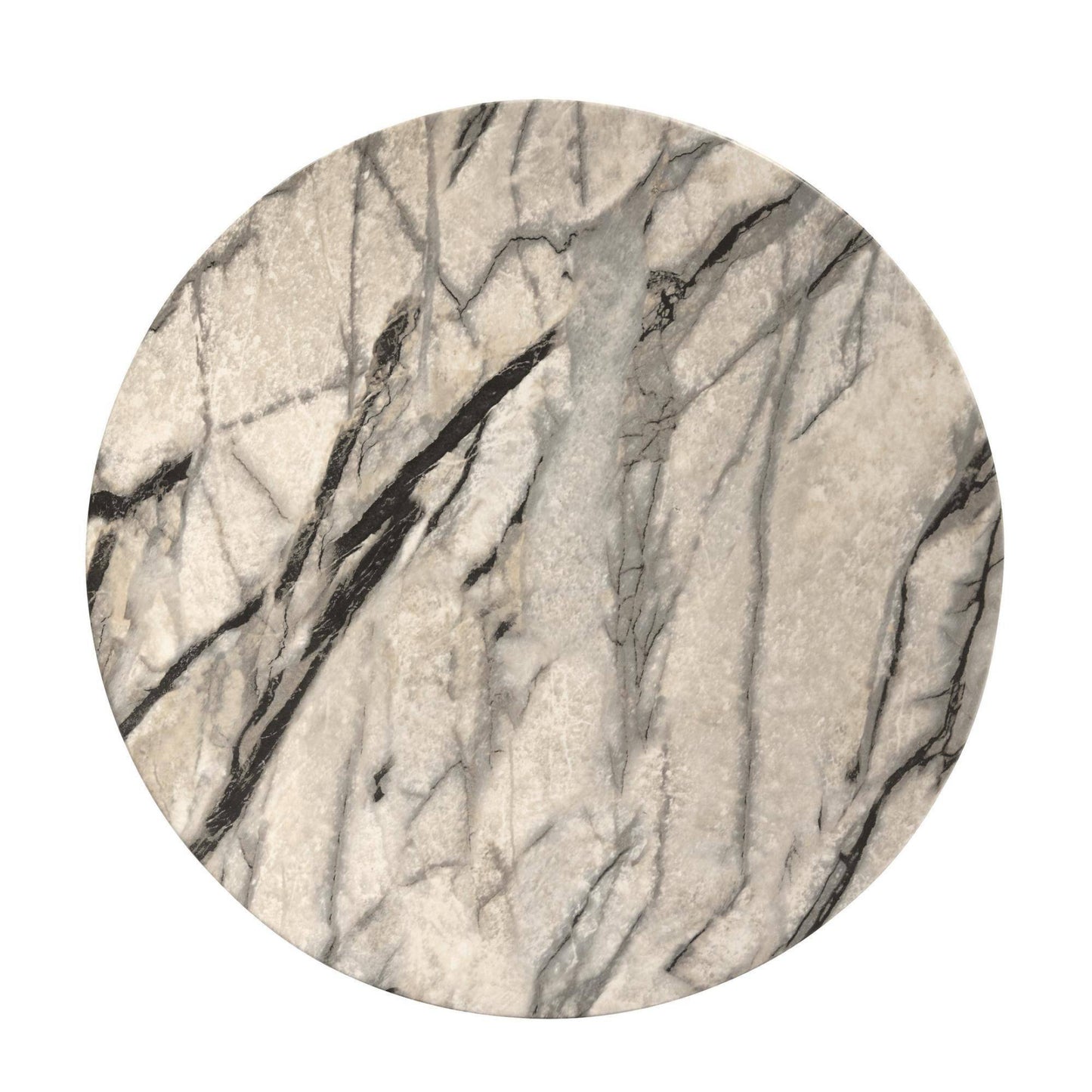 Round marble coaster with beige and black marbled pattern on a white background