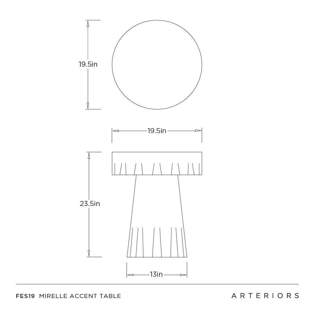 Technical drawing of Mirelle accent table with dimensions and Arteriors branding.