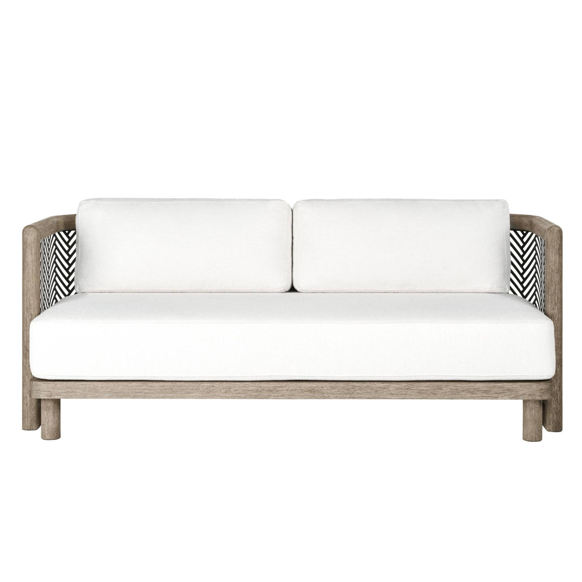 A modern outdoor loveseat with a light gray weathered wood frame, white cushions, and black-and-white chevron woven side accents, shown against a solid white background.