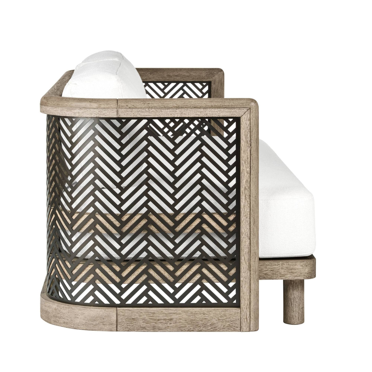 A modern outdoor daybed with a weathered gray-brown wood frame, black metal mesh backrest featuring a white and black herringbone pattern, and white cushions.