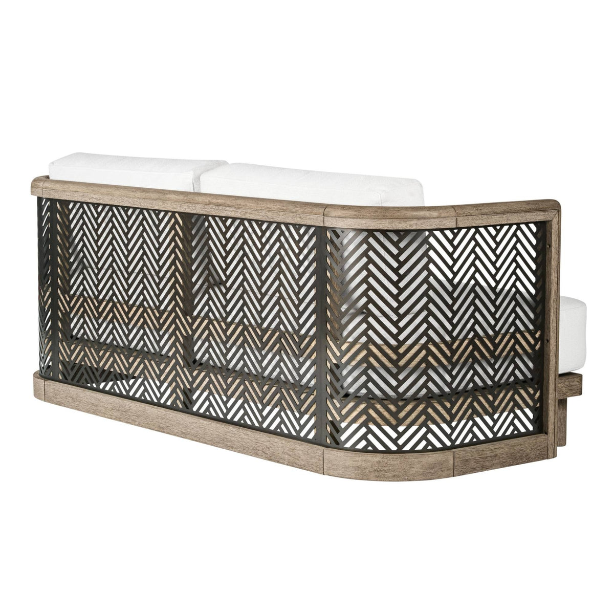 Curved wooden and wicker bar with white cushioned seats on a white background