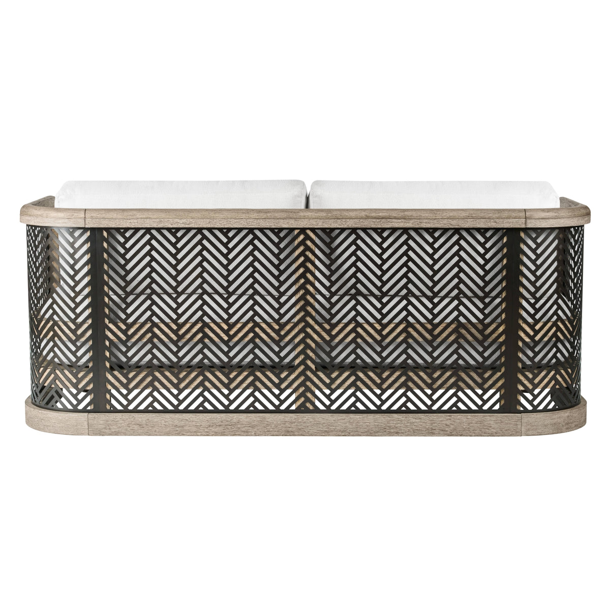 A rectangular bench with a black and white herringbone patterned metal frame, light wood trim, and two white seat cushions, shown against a plain white background.