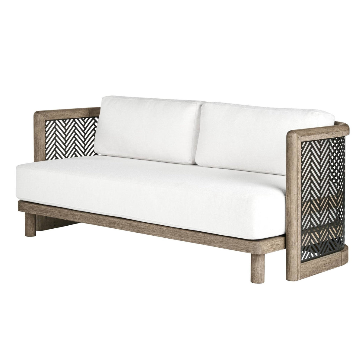Two-seater outdoor sofa with white cushions and wooden frame on a white background